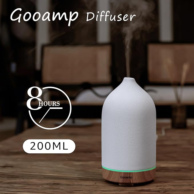 200ML Ceramic Essential Oil Diffuser - Ultrasonic Aromatherapy & Humidifier with 7-Color LED Lights, Auto Shut-Off, Wood Grain Base, 1H/3H/6H Timer | Scent for Home, Office, Yoga-CasaMuseHome