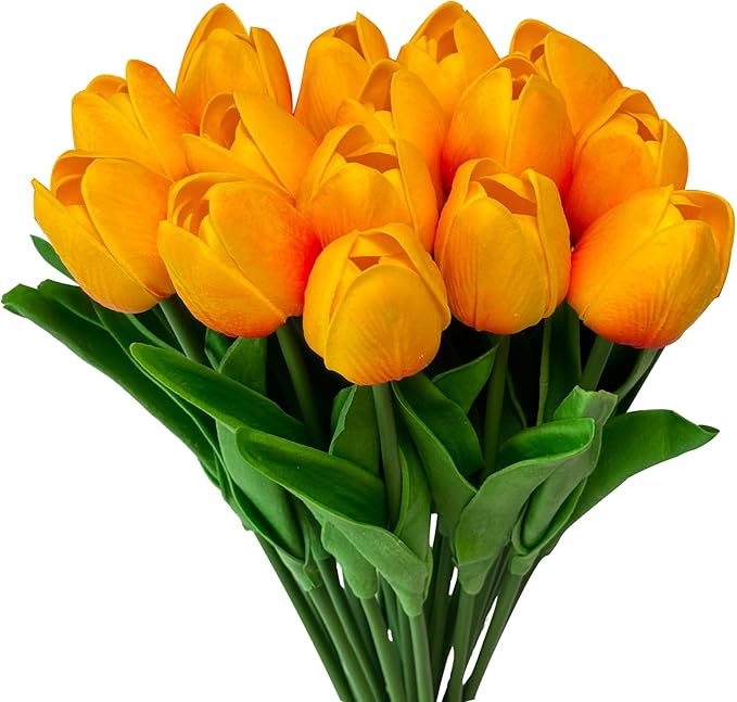 15 Heads Artificial Flowers PU Real Touch Tulip Bouquets Orange Tulips Faux Tulips Latex Fake Flower Bouquet for Spring Wedding Home Décor Centerpiece Arrangements-CasaMuseHome