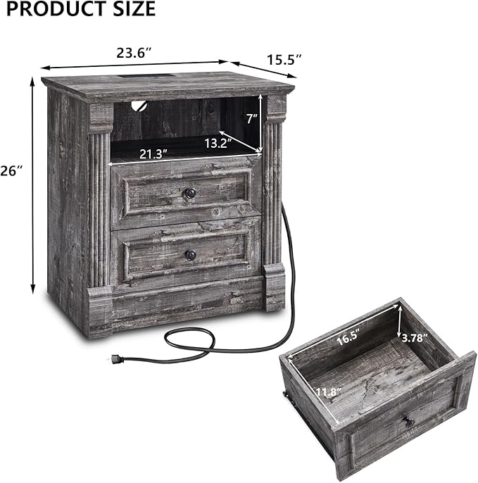 26" Tall Farmhouse Nightstand, 2 Drawers End Table w/Charging Station, 23.6" Wide Large Side Table w/Roman Column, Wood Rustic Sofa Table w/Open Shelf, Bedside Table for Bedroom, Light Gray-CasaMuseHome