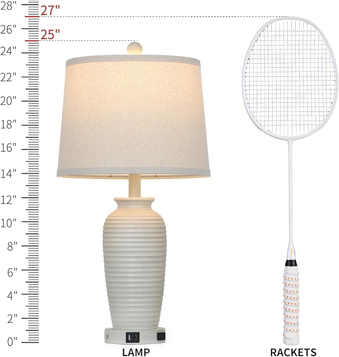 25" Farmhouse Jar Table Lamps Set of 2,Rustic Cream Pot Table Lamp for Bedroom, Living Room,3 Way Touch Control Rustic Bedside Lamps with USB A+C Ports & AC Outlet(LED Bulbs Included)-CasaMuseHome