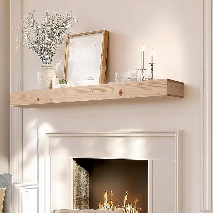 60x8x3 Fireplace Mantel - Handcrafted Hollow Rustic Solid Wood Wall Mounted Floating Shelf - DIY Color - with Invisible Heavy Duty Wood Bracket-CasaMuseHome