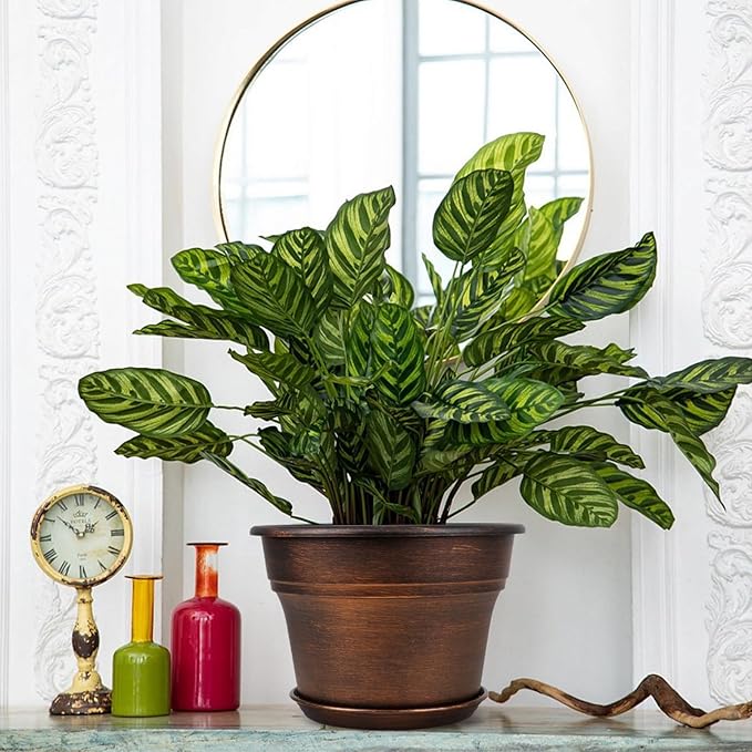 10 Inch Planters Plant Pots Indoor Outdoor, 4 Pack Plastic Flower Pot for Indoor Plants with Drainage Holes & Trays, Resin Decorative Container Sets with Saucer for House Garden Copper-CasaMuseHome