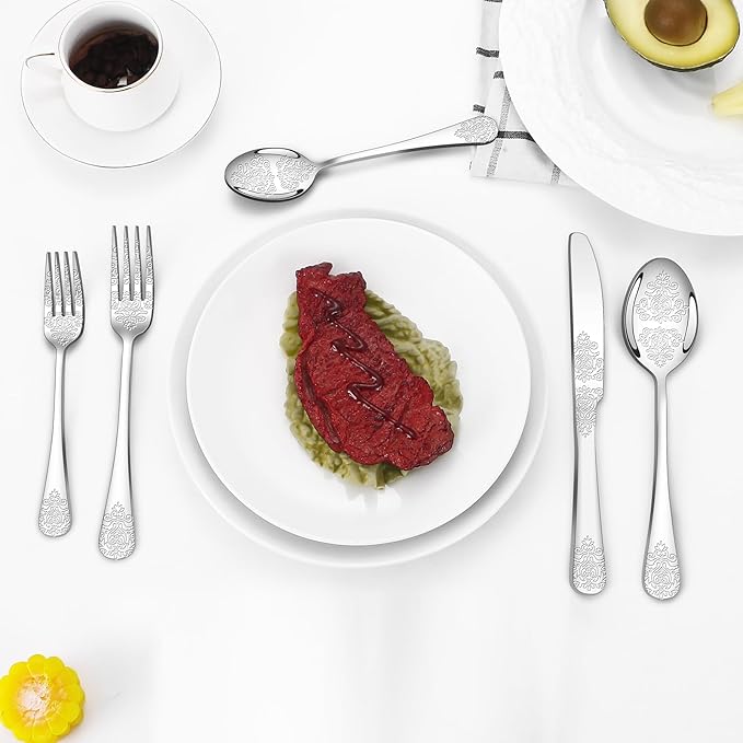 40 Pcs Silverware Set for 8 with Classical Flower Embossed Design, Food Grade Stainless Steel Flatware Set, Eating Utensils Sets Include Fork/Knife/Spoon, Reusable Cutlery Set, Dishwasher Safe-CasaMuseHome