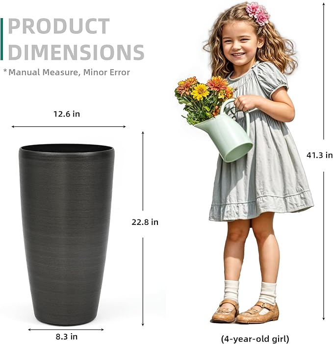 22.8" Resin Planters for Outdoor Plants, Set of 2 Modern Large Flower Pots with Handmade Brushed Metal Finish, Weather Resistant for Indoor/Outdoor Year-Round Use-CasaMuseHome