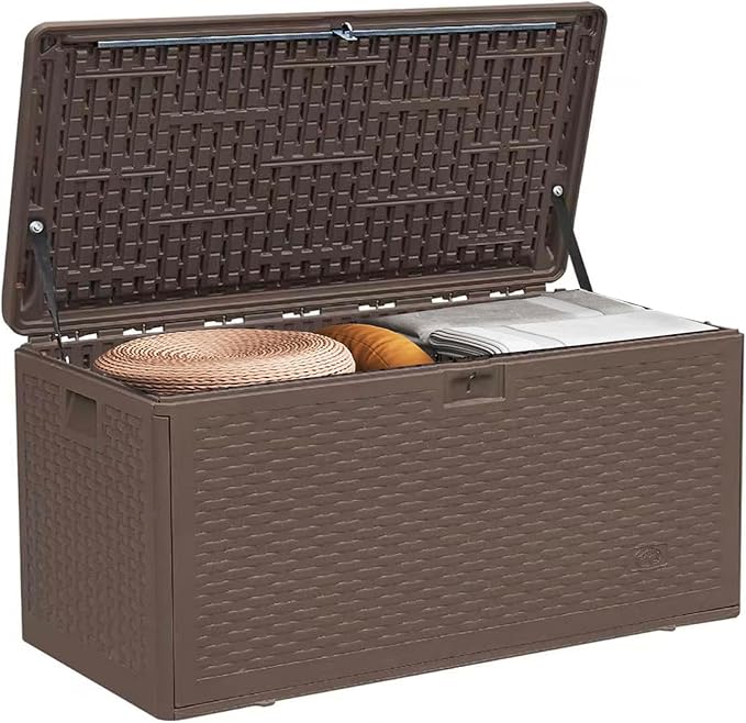 73 Gallon Large Storage Box with Lid,Waterproof Outdoor Storage Container for Patio Furniture Cushions, Gardening Tools, Pool Accessories, Lockable Resin Deck Box with handle Brown-CasaMuseHome