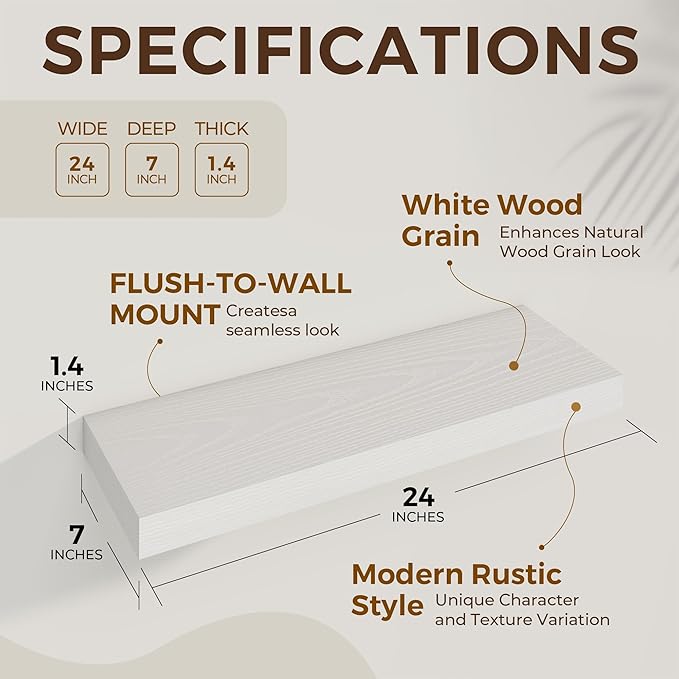 24 inch Floating Shelves Long Floating Shelves for Wall Large Wall Mounted Shelves with Invisible Brackets, White Shelves for Bathroom, Living Room, Kitchen, Office, 24x6.7 inch deep Set of 2-CasaMuseHome