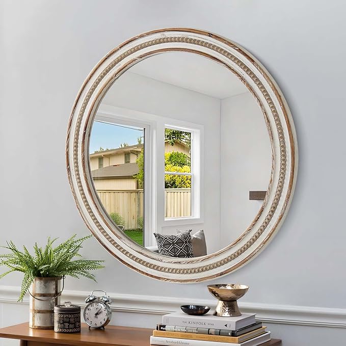24 Inch Round Mirror - Distressed Vintage Farmhouse Mirror for Bathroom Wall, Living Room, Bedroom & Entryway, Handmade Wood Frame-CasaMuseHome