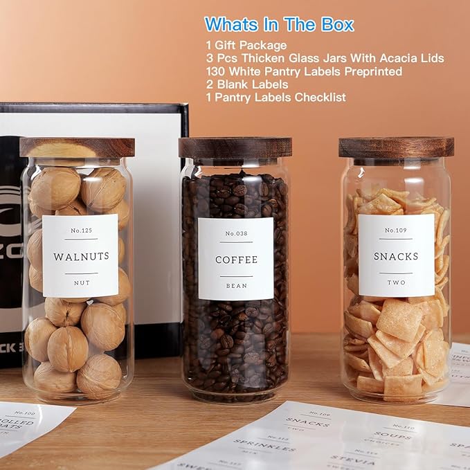 3 Set Glass Pantry Storage Jars with Acacia Airtight Lid - 35oz Thicken Glass Kitchen Canisters with 132 Pantry Labels - Clear Food Storage Containers with Wood Lid for Tea,Sugar,Cookie,Pasta-CasaMuseHome