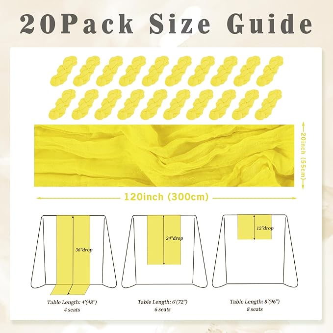 20 Pack Yellow Cheesecloth Table Runner 20 x 120 Inch Long Rustic Gauze Cheese Cloth Table Runner for Wedding 10FT Bridal Baby Shower Table Decorations Boho Fabric Sheer Birthday Party Table Decor-CasaMuseHome