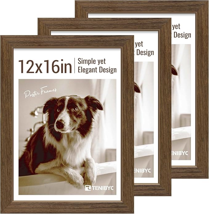 12x16 Picture Frame 3 pk, Brown Woodgrain, HD Tempered Glass, Wall Gallery Frame-CasaMuseHome