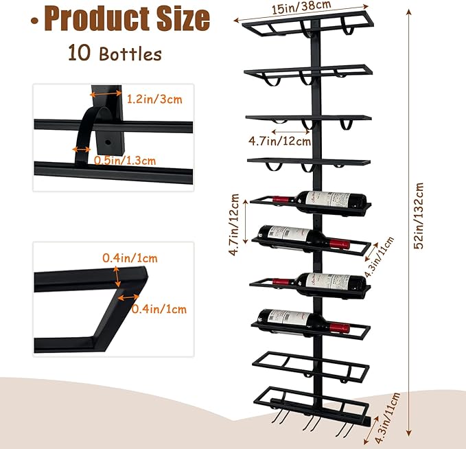 20 Bottle Wall Mount Wine Rack with Wine Glass Holder, Metal Wine Wall Rack, Wall Racks for Wine Bottles Display and Storage, Hanging Bottle Organizer for Living Dining Room Wine Cellar Bar (Black)-CasaMuseHome