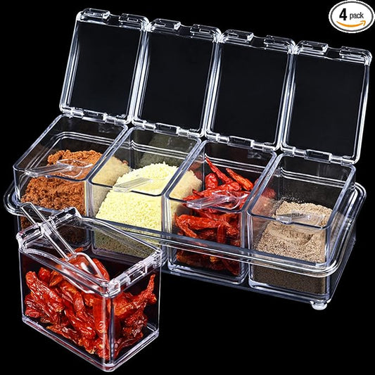 4 PCS Seasoning Box, Clear Spice Containers with Spoon, Acrylic Toppings Containers with Lids, Kitchen Multi Spice Box for Salt, Sugar, Pepper, Garlic Powder-CasaMuseHome