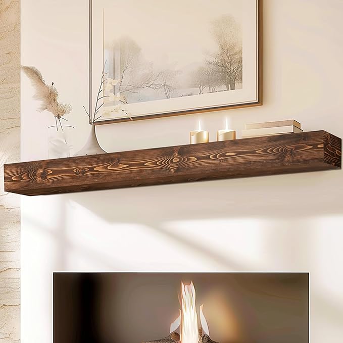 72x8x5 Fireplace Mantel - Handcrafted Hollow Rustic Solid Wood Wall Mounted Floating Shelf with Invisible Heavy Duty Wood Bracket (Weathered Brown)-CasaMuseHome
