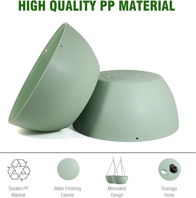 13 inch Large Hanging Planters Plant Pots for Outdoor Indoor Plants with Drainage Holes and Chain, 2 Pack Round Hanging Flower Pots for Garden Home Porch Decor, Green-CasaMuseHome