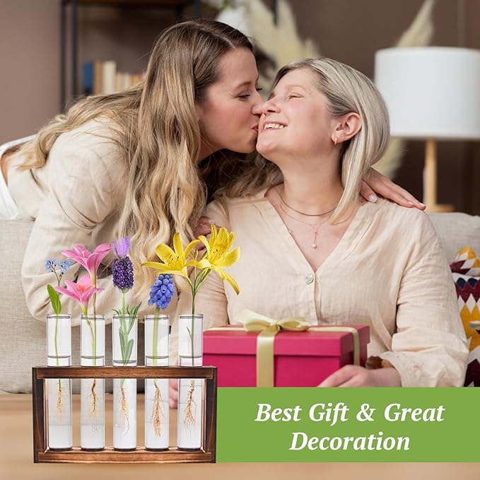 2pcs Desktop Glass Plant Propagation Station with 10 Test Tubes in Wooden Stand - Hydroponic Plants Cutting Office Home Decoration and Garden Decor Terrarium (10 Tubes)-CasaMuseHome