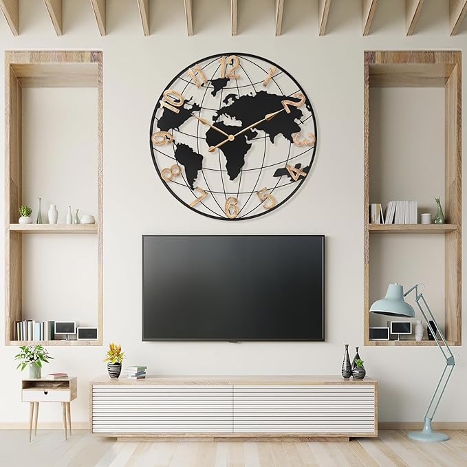 36 Inch Extra Giant Oversized Black Metal Wall Clock,Large Modern Decorative Silent World Map Wall Clock with Vintage Gold Arabic Numeral for Living Room,Entrance Fireplace,Dining Room Decor-CasaMuseHome