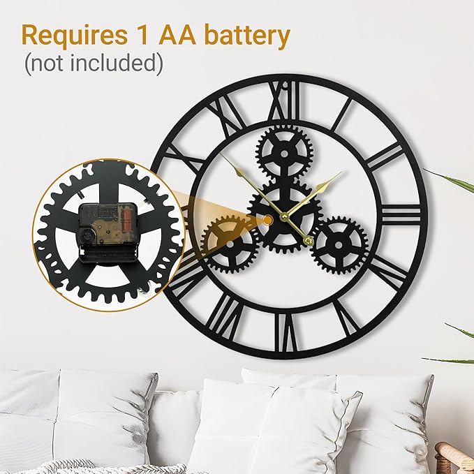 24inches/60cm Wall Clocks for Living Room Deco Non Ticking Silent Battery Operated Metal Modern Vintage Roman Numeral Oversized Gear Wall Clocks for Bedroom Kitchen Fireplace Office Farmhouse-CasaMuseHome