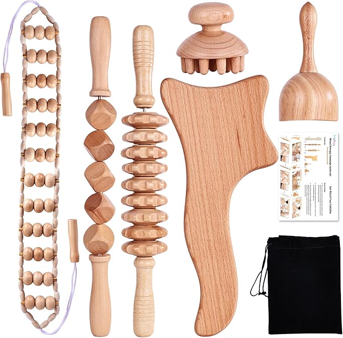 6 Pcs Wood Therapy Massage Tools, Meifuly Professional Complete Maderotherapia Wooden Massager Kit for Body Shaping, Lymphatic Drainage, Muscle Pain Relief, Anti-Cellulite (with Storage Bag)-CasaMuseHome