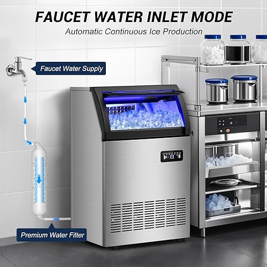 220LBS Commercial Ice Maker Machine - 72PCS Ice Cubes per Round, Undercounter/Freestanding Ice Machine, 55LBS Ice Storage Capacity for Home Bar and Outdoor, Stainless Steel Self-Cleaning-CasaMuseHome