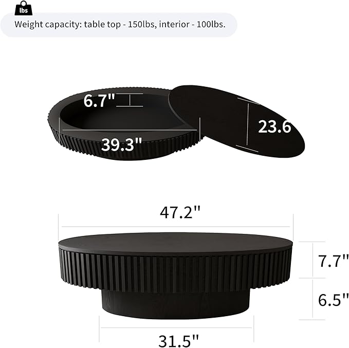 47.2''Oval Coffee Table with Storage, Mid Century Modern Fluted Drum Center Tables with Lid, Solid Wood Side Pedestal Coffee Table Tea Table for Living Room, Bedroom, Apartment-Black-CasaMuseHome