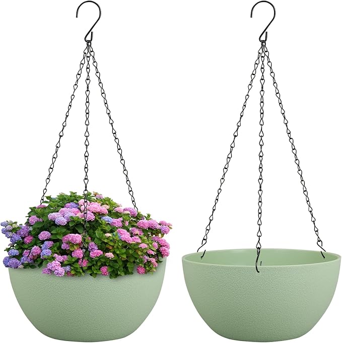 8 inch Small Hanging Planters Plant Pots for Indoor Outdoor Plants, 2 Pack Hanging Flower Pots with Drainage Holes and Chain for Garden Porch, Plastic Hanging Baskets for House Plants, Green-CasaMuseHome