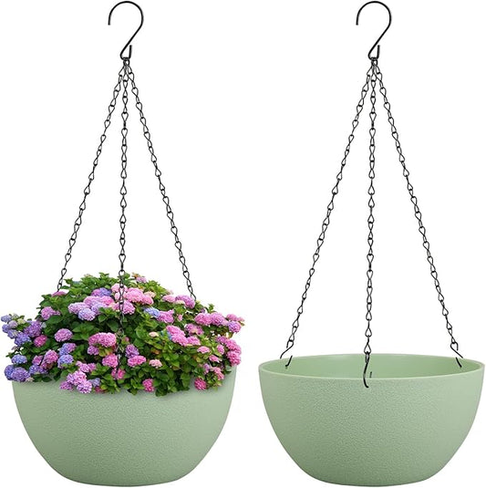 8 inch Small Hanging Planters Plant Pots for Indoor Outdoor Plants, 2 Pack Hanging Flower Pots with Drainage Holes and Chain for Garden Porch, Plastic Hanging Baskets for House Plants, Green-CasaMuseHome