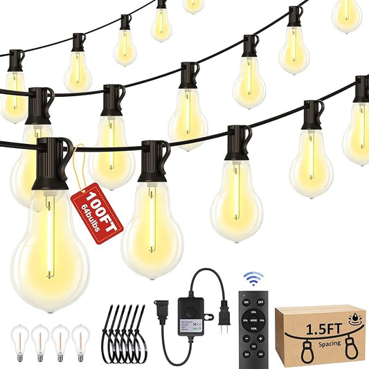 100FT Outdoor String Lights Waterproof with 64+4 Bulbs (1.5FT Bulbs Spacing), Remote & Dimmer, Commercial Patio String Lights with 3 Mode Light & Timing, 100PC Mounting Ties for Outside-CasaMuseHome