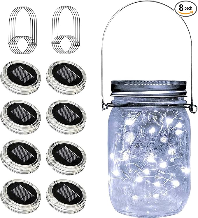 8 Pack Fairy Star Firefly Jar Lids Lights,Solar Fairy String Lids Lights（No Jars）,Waterproof Lantern Mason String Solar Lights with Hangers for Regular Mouth Jars Christmas Gifts(Cold White)-CasaMuseHome