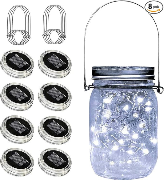 8 Pack Fairy Star Firefly Jar Lids Lights,Solar Fairy String Lids Lights（No Jars）,Waterproof Lantern Mason String Solar Lights with Hangers for Regular Mouth Jars Christmas Gifts(Cold White)-CasaMuseHome