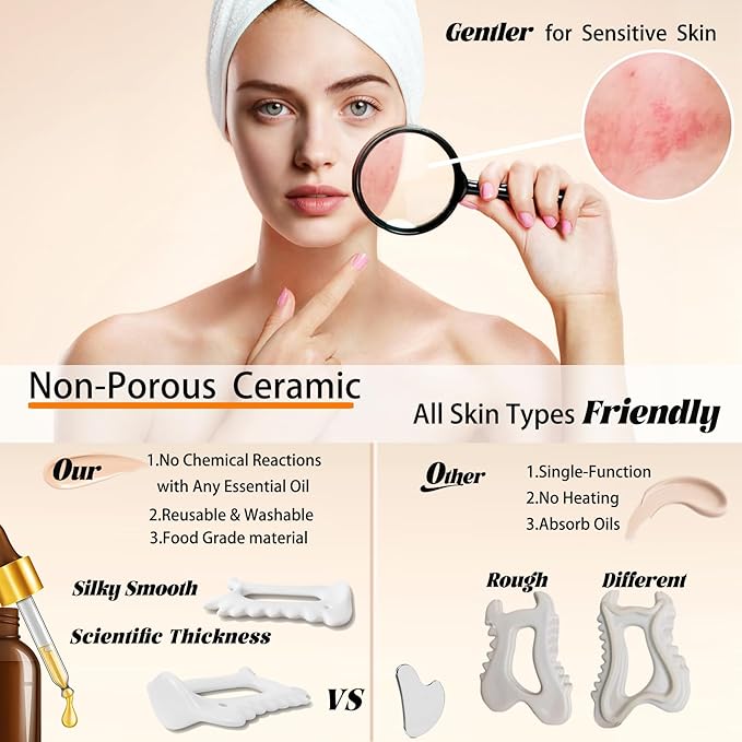 6-in-1 Ceramic Gua Sha Tool for Face & Body - Manual Facial Massage for Lymphatic Drainage, Jaw Lifting, Puffiness Care, Neck Massage for Stress Relief at Home, Self Care Gift for Mum Wife White-CasaMuseHome