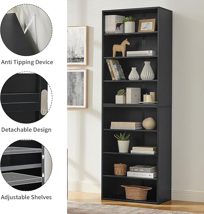 71 Inch Tall 8-Shelf Bookcase, Wood Bookshelf Storage Organizer Adjustable Shelf for Home Office Living Room, Converts into Two 4-Shelf Bookshelves, Black-CasaMuseHome