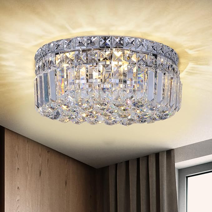 4-Light Crystal Flush Mount Chandelier Light Fixture with K9 Crystals Modern Ceiling Lights Elegant Pendant Lamp for Bedroom,Hallway,Bar,Living Room,Dining Room,H5.9 xW13.7(Bulbs Not Included)-CasaMuseHome
