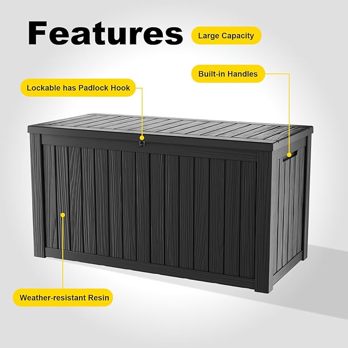 150 Gallon Outdoor Deck Box,Storage Lockable Waterproof Patio Furniture,Garden Tools,Cushions,Pool Accessories Outside Storage Resin Box(Black)-CasaMuseHome
