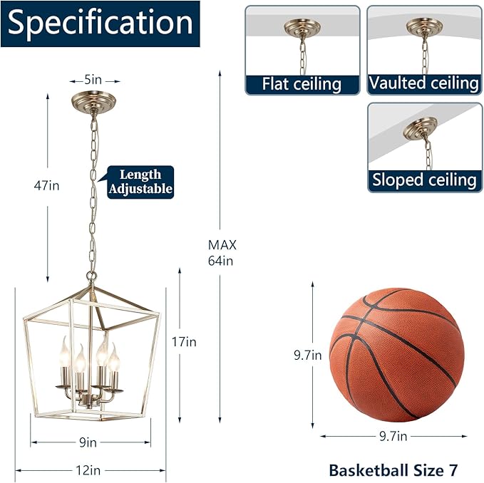 4-Light Brushed Nickel Farmhouse Chandelier, 12" Industrial Ceiling Light Lantern Pendant Light with Metal Cage Adjustable Height Rustic Hanging Light E12 Base for Kitchen Island Dining Room Entryway-CasaMuseHome