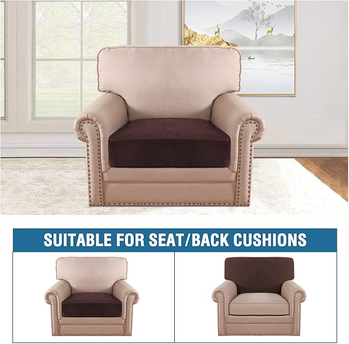 H.VERSAILTEX Velvet Stretch Couch Cushion Cover Plush Cushion Slipcover for Chair Cushion Furniture Protector Seat Cushion Sofa Cover (1 Piece Armchair Cushion Covers, Brown)-CasaMuseHome