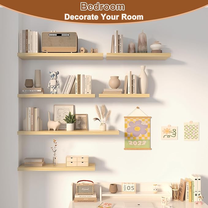 48 Inch Floating Shelf 3 Pack Large Floating Shelves for Wall No Drilling Accessories Included Deep Wall Shelves for Living Room Kitchen Farmhouse 48" W x 12" D x 1.2" Oak-CasaMuseHome