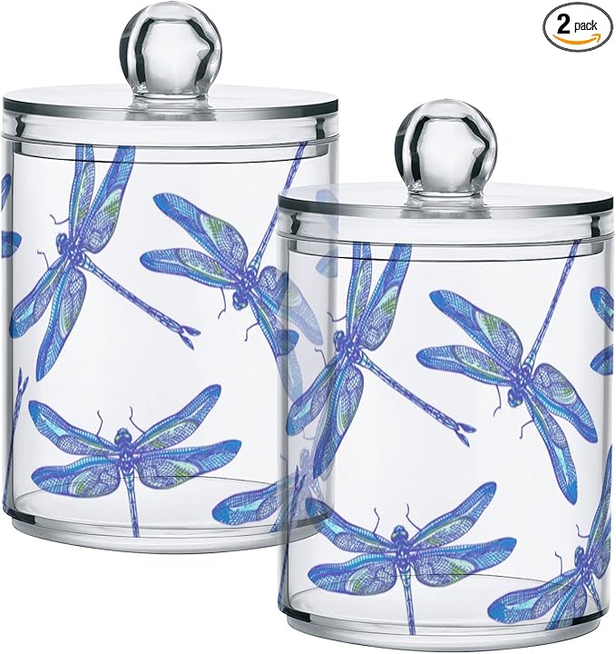 2 Pack Qtip Holder Organizer Dispenser Dragonflies Bathroom Storage Canister Cotton Ball Holder Container for Cotton Swabs/Pads/Floss-CasaMuseHome