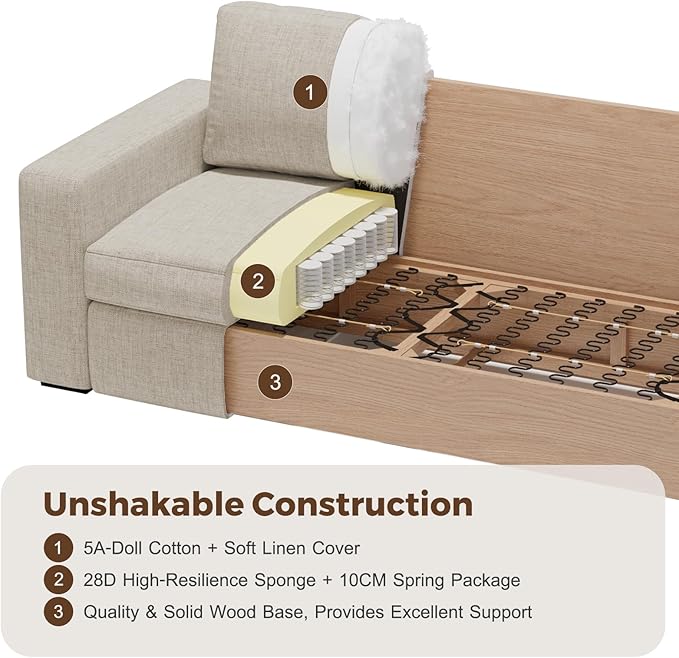 112" L Shaped Sectional Sofa with Detachable Sofa Cover, Reversible Sectional Modular Couch for Living Room, Linen Fabric Corner Couch with 7 Seats, Oatmeal-CasaMuseHome