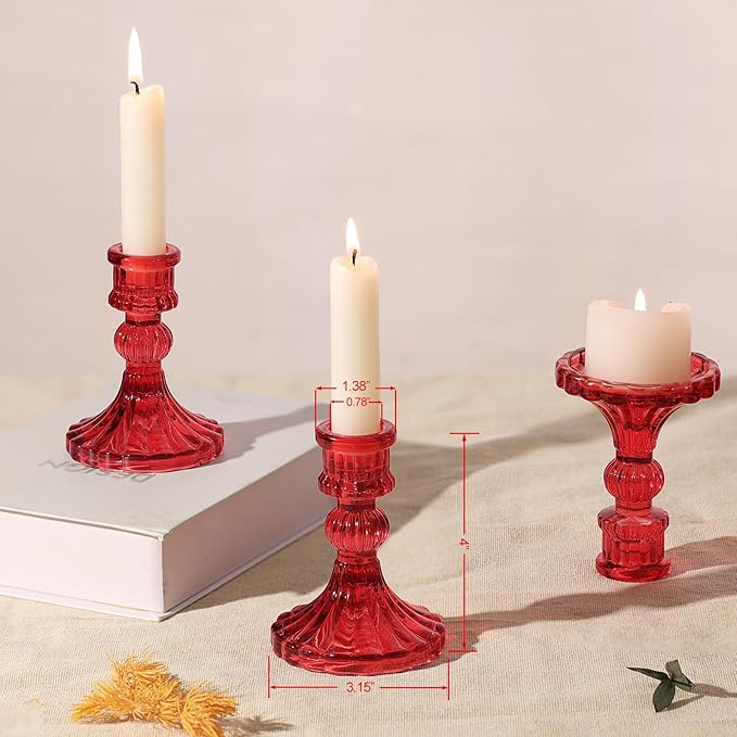 12PCS Red Candlestick Holders Set- 4" H Taper Candle Holders, Glass Candle Holders Bulk for Activities, Party, Home Table Centerpieces, Festival Gifts & Windowsill Decor-CasaMuseHome
