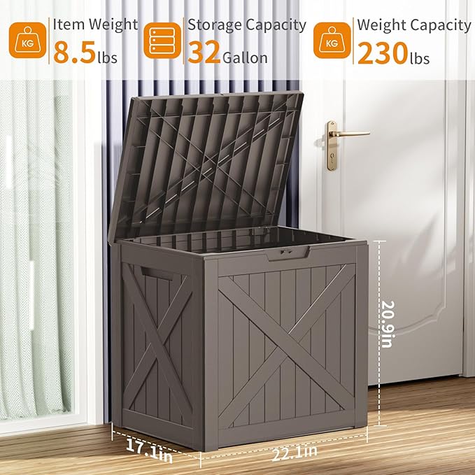 32 Gallon Deck Box Large Outdoor Storage for Patio Furniture,Outdoor Cushions,Garden Tools and Pool Supplies,Waterproof,Resin,Lockable(Grey)-CasaMuseHome