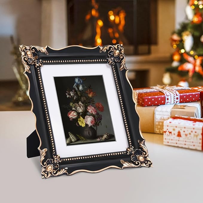 8x10 Vintage Picture Frame with Embossed Flower Design, Black Ornate Frame for 8x10 or 5x7 Pictures with White Mat, Hand-Crafted Resin Antique Frames for Tabletop & Wall Hanging, Home Decor (Black)-CasaMuseHome