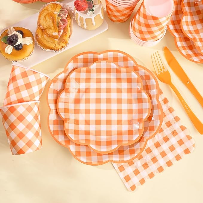 350 Pcs Orange and White Gingham Party Supplies - Orange Gingham Paper Plates and Napkins Sets Serve 50 - Scalloped Checkered Plates for Birthday Picnic Fall Halloween Thanksgivng Party Decorations-CasaMuseHome