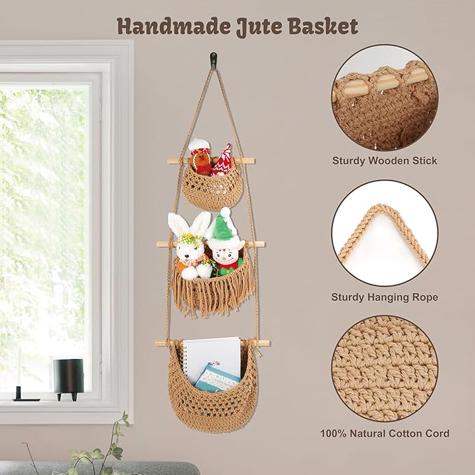 3 Tier Hanging Fruit Basket for Kitchen, Handmade Woven Cotton Hanging Wall Basket for Fruit Vegetable with 6 Hooks, Boho Style Over The Door Organizer for Living Bathroom Bedroom-CasaMuseHome