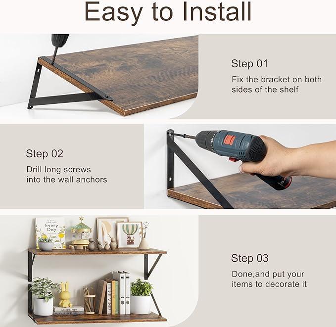 36"W x 10"D Floating Shelves, 10 Inch Deep Floating Shelves, Farmhouse Rustic Deep Wall Shelves for Home Decor, Wide Large Floating Shelf for Bathroom, Living Room, Kitchen, Study Room, Rustic Brown-CasaMuseHome