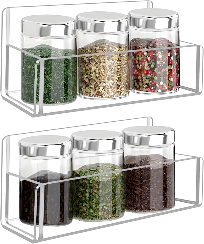 Acrylic Spice Rack Wall Mount-6 Inch, Clear Spice Shelf Storage Holder, 2 Pack Hanging Seasoning Rack Organizer for Cabinet Door, Cupboard or Wall Kitchen (Adhesive or Screw)-CasaMuseHome