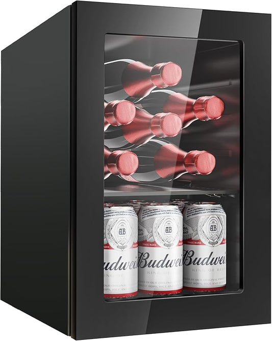 6 Bottles and 6 Cans Compact Beverage Refrigerator, Freestanding Mini Fridge with Temperature Control for Beer Wine, Under Counter Small Refrigerator Adjustable Shelve & Glass Door for Home and Bar-CasaMuseHome