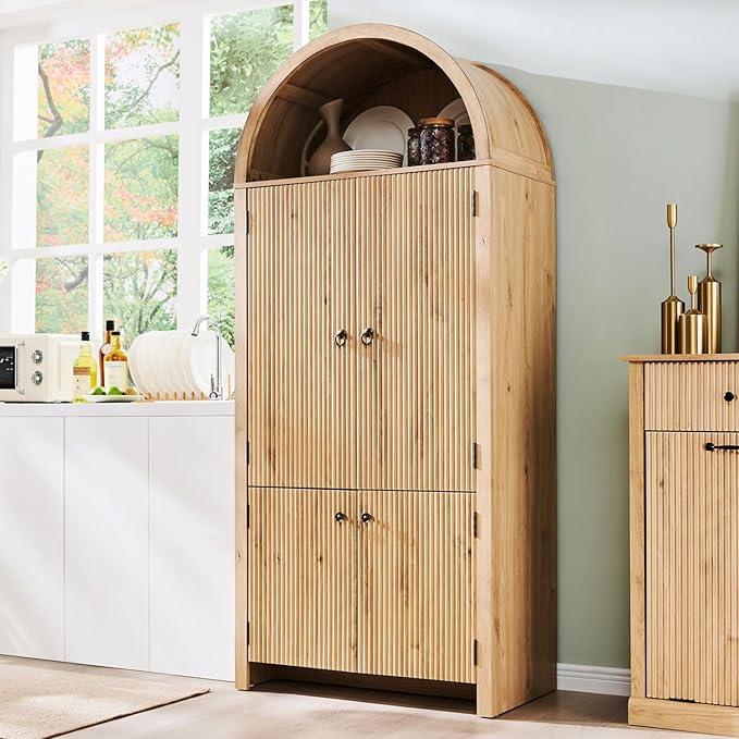 71" Tall Arched Bathroom Storage Cabinet, Modern Fluted Storage Cabinet w/Doors, 3 Adjustable Shelves, 6 Door Shelves, Wood Freestanding Cabinet for Bathroom, Entryway, Hallway, Natural-CasaMuseHome