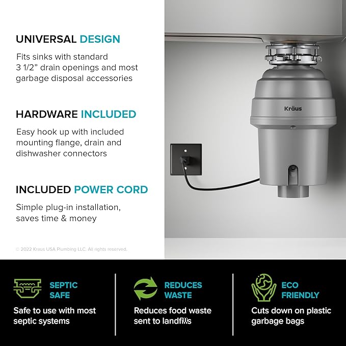 KRAUS WasteGuard High-Speed 3/4 HP Continuous Feed Ultra-Quiet Motor Garbage Disposal with Power Cord and Flange Included and Universal Mount, KWD210-75MGR