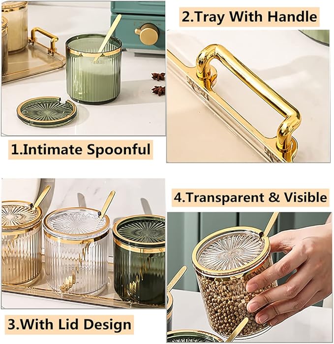 Acrylic Condiment Spice Jars,Condiment Spice Box With Lids and Spoons and Tray,Clear Plastic Condiment Canisters,Seasoning Box 6 Pack,Seasoning Box Set for Kitchen to Storage Salt,Paprika,Sugar-CasaMuseHome