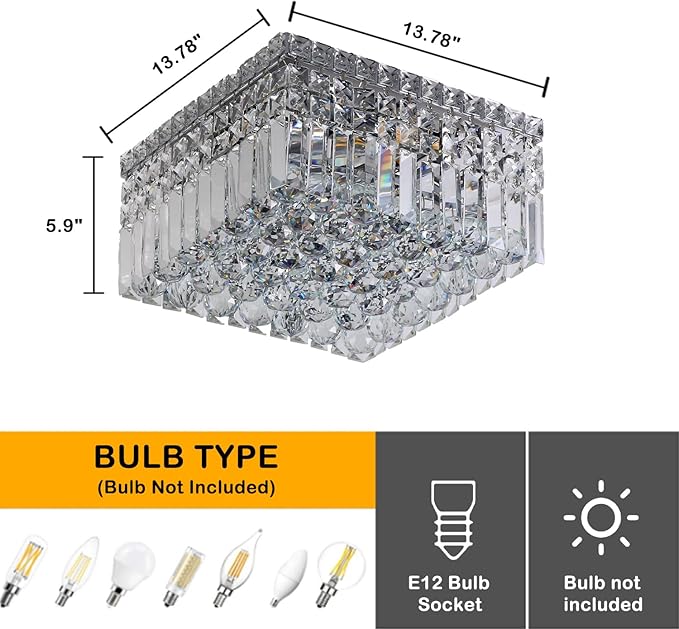 4-Lights Modern Flush Mount Ceiling Light Fixtures,Elegant Crystal Chandelier Pendant Ceiling Lamp for Bedroom,Living Room,Dining Room,Hallway H5.9 x W13.7 x L13.7 (Bulbs Not Included) Square-CasaMuseHome